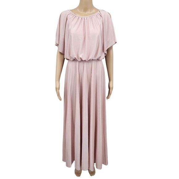 70s Disco Dress Dusty Rose Pink Accordion Wedge Pleated Flowy Maxi Dress - Picture 1 of 12